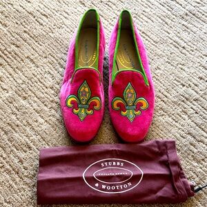 Stubbs & Wootton Pink Velvet Fleur-de-Lis Smoking Flats